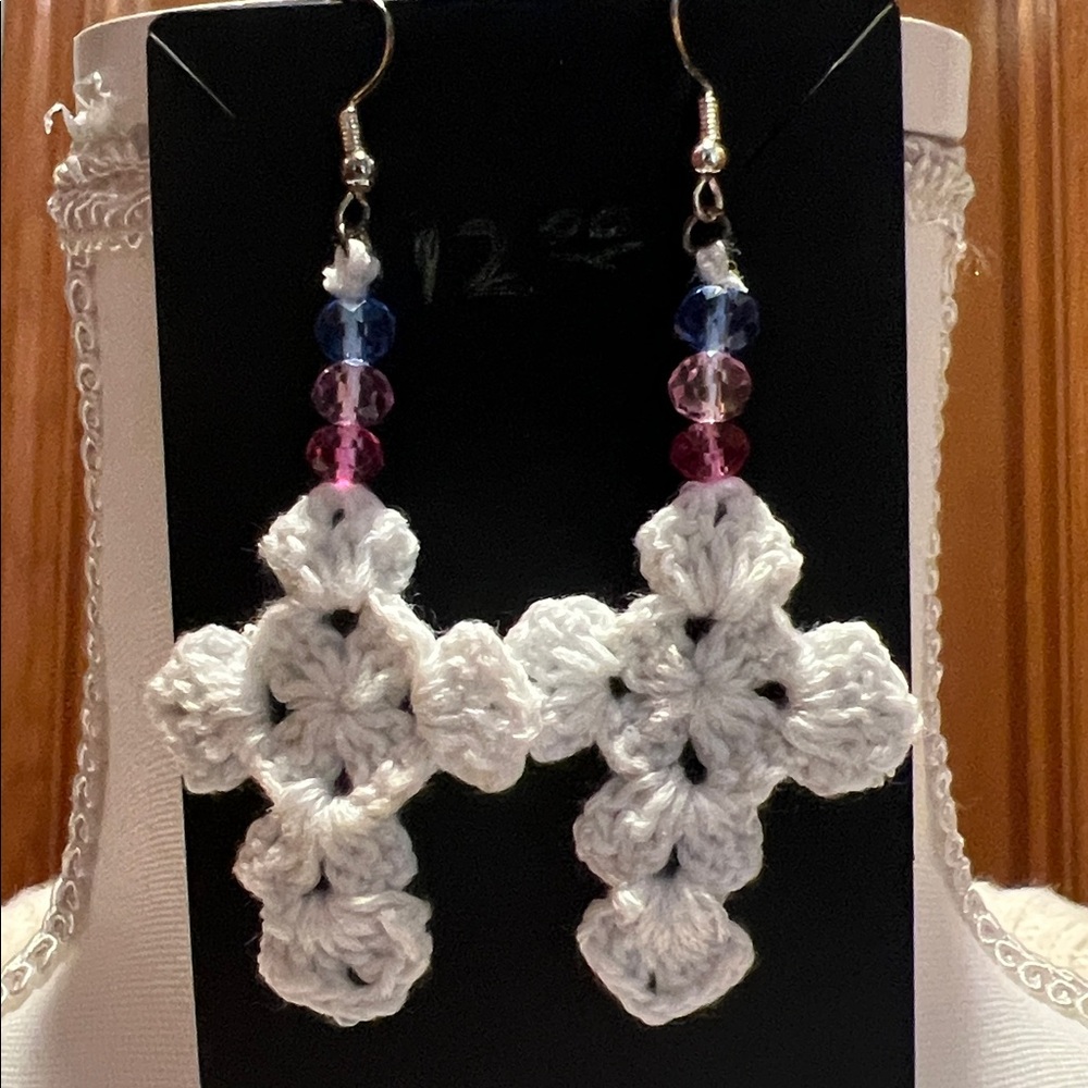 Handcrafted White Crochet Cross Earrings